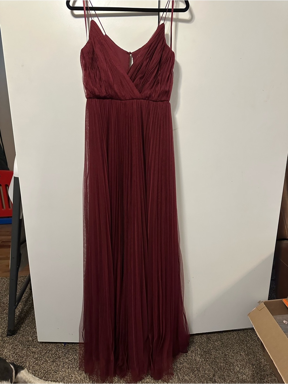 ASOS Wine Red Pleated V-Neck Spaghetti Strap Dress